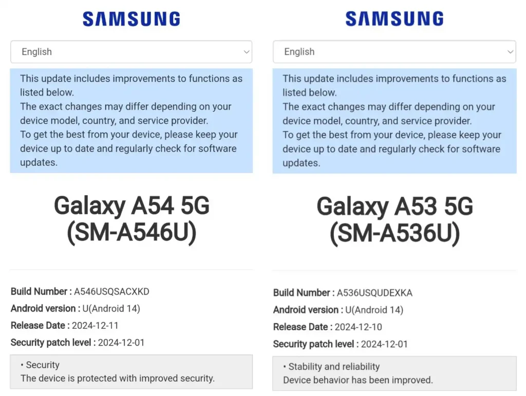 Galaxy A54 A53 December 2024 update 