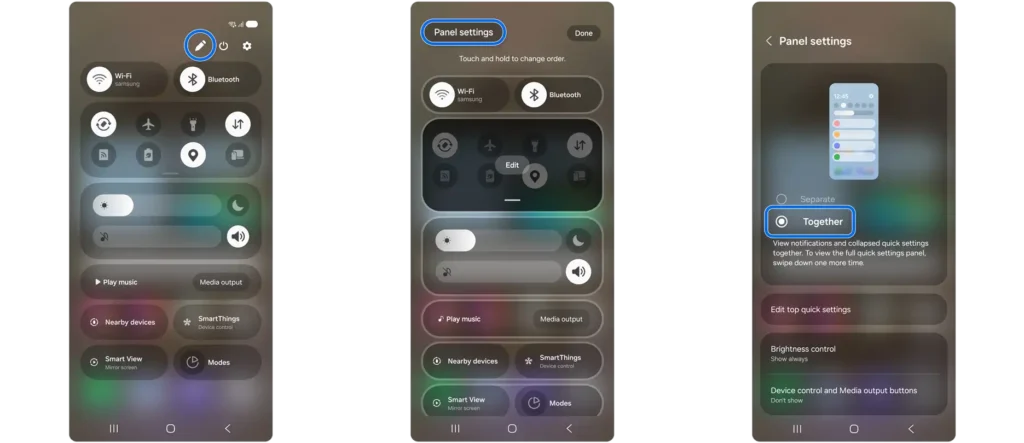 One UI 7 notification and quick settings panel Together